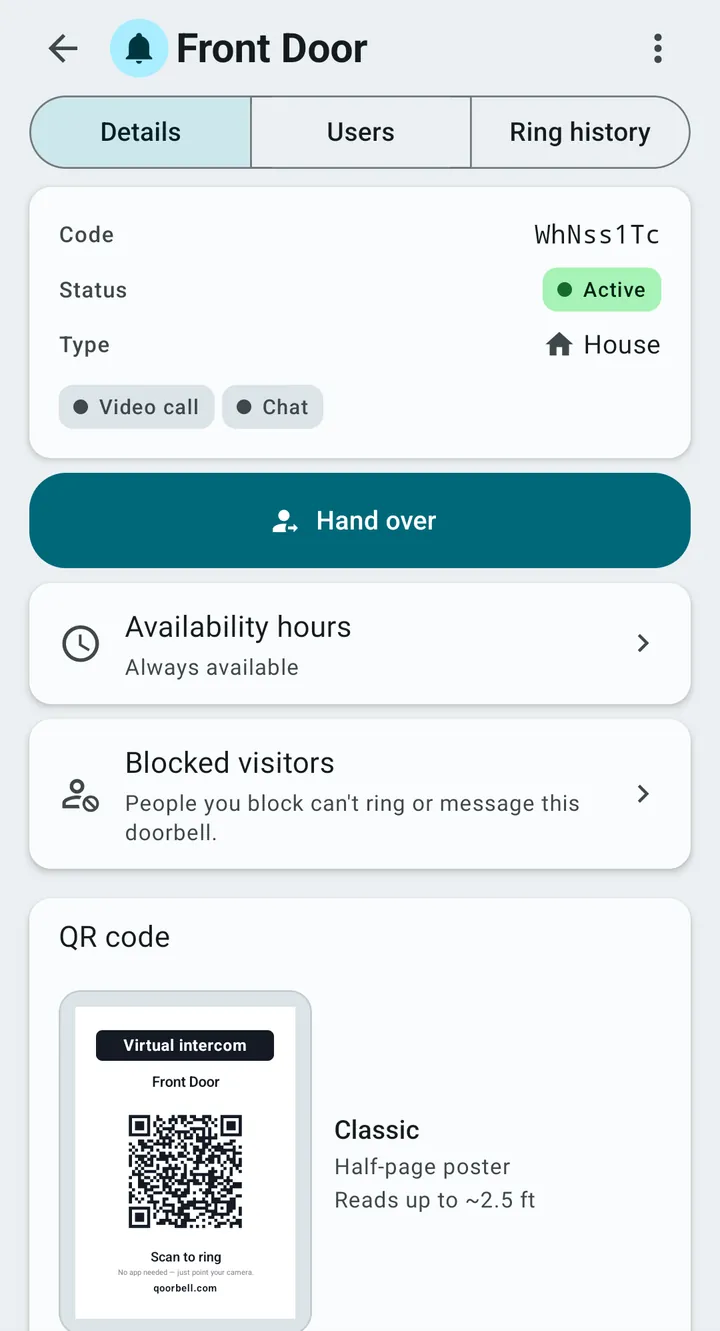 A doorbell in the Qoorbell app with the Availability hours card, currently set to Always available, between the Hand over button and Blocked visitors