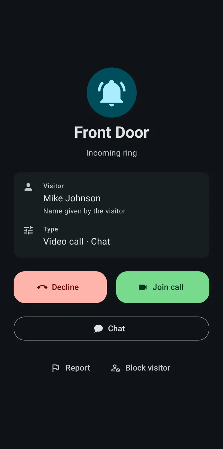 The incoming ring screen with the Report and Block visitor buttons under Decline, Join call and Chat