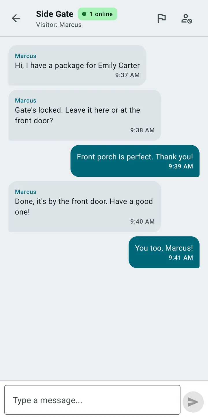 A chat between a delivery driver called Marcus and the owner of the Side Gate doorbell, agreeing to leave a package by the front door